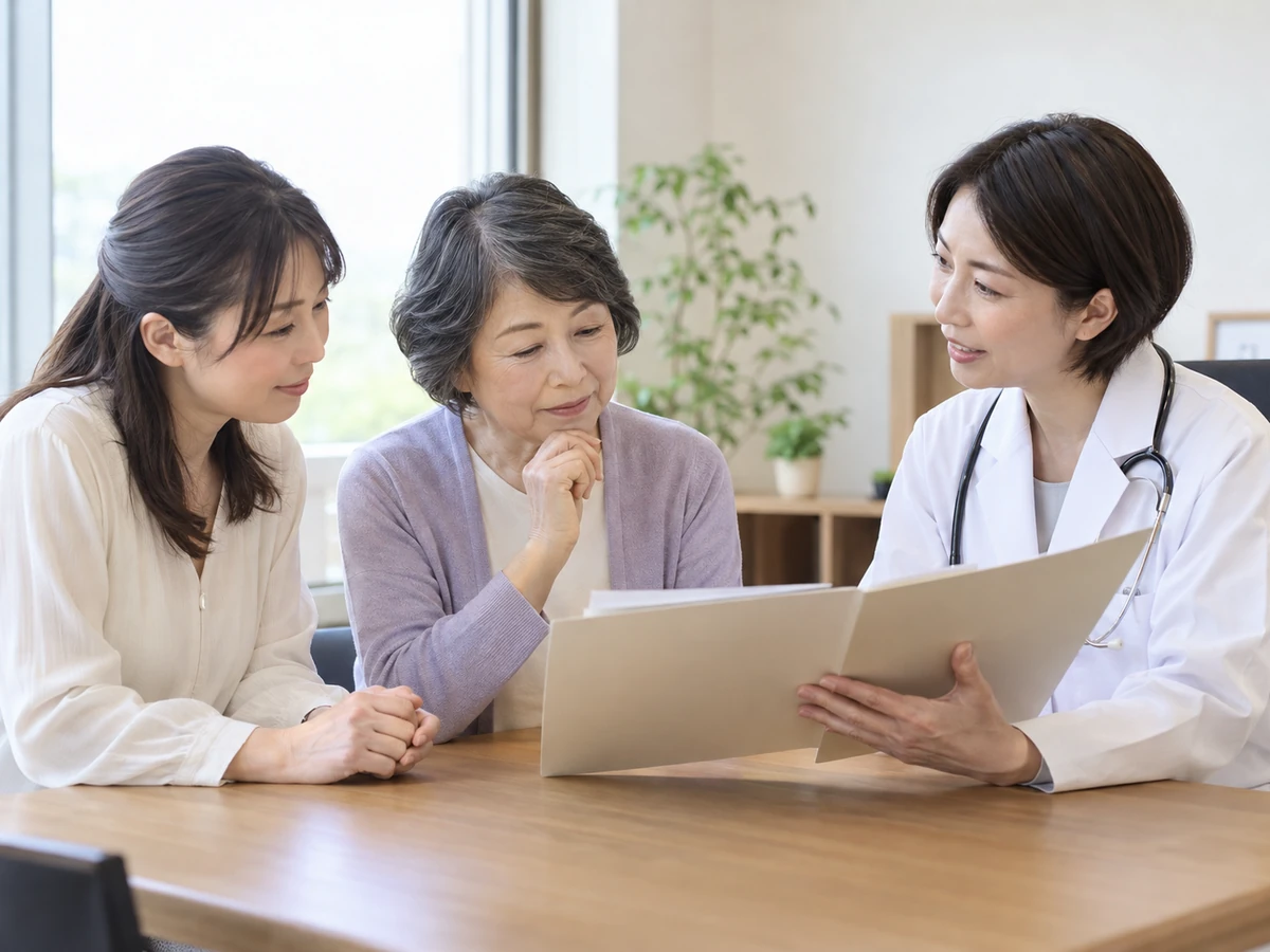 病気の状態について医師の説明を聞く女性と家族