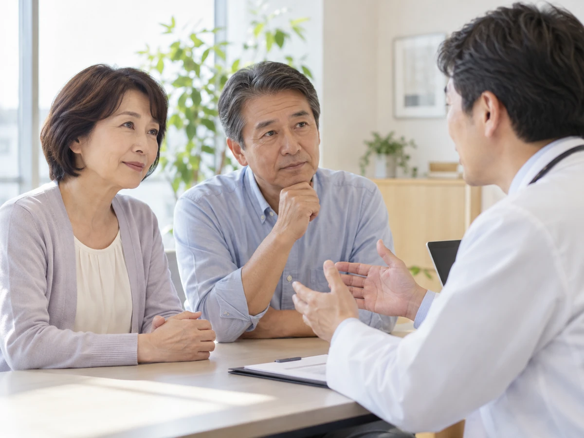 治療について女性と家族が医師の説明を聞くイメージ