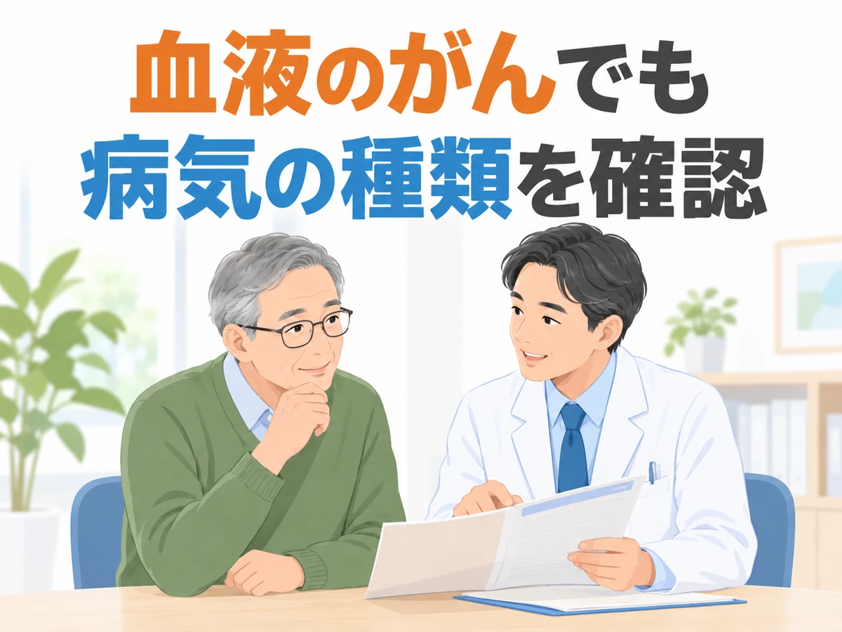 血液のがんでも病気の種類を確認という言葉を添えた、男性と医師のイラスト