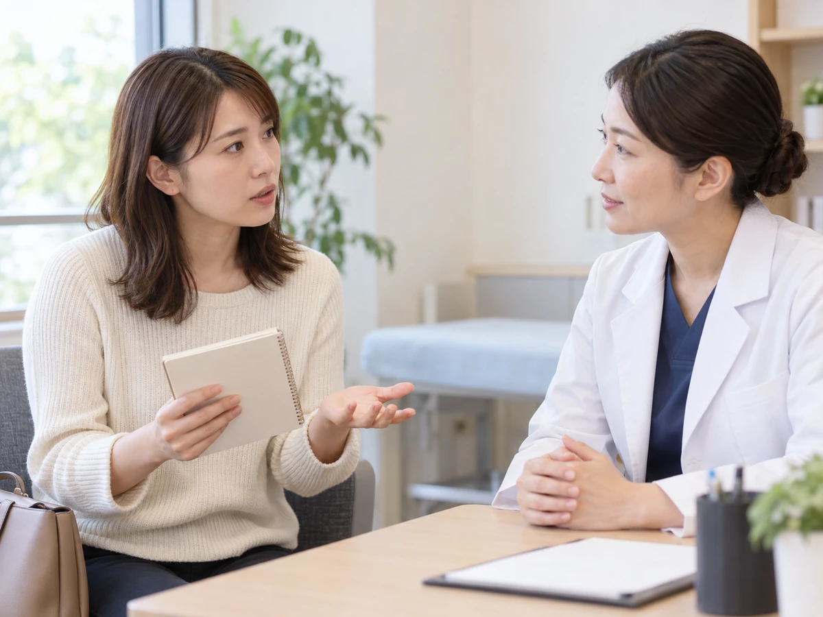 ノートを手に女性医師へ質問する若い女性の写真