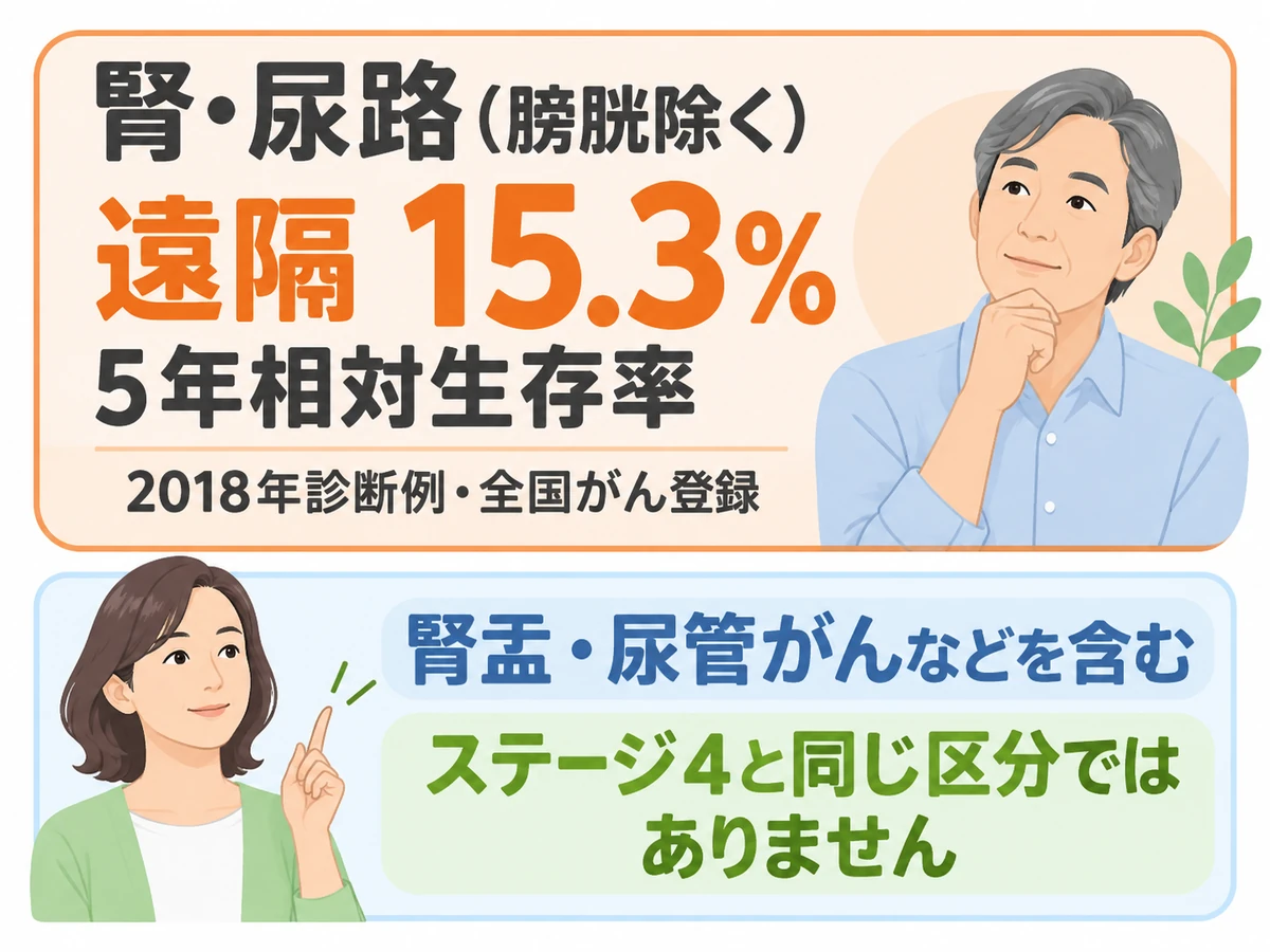 腎・尿路(膀胱除く)の遠隔例の5年相対生存率15.3%と、ステージ4とは同じ区分ではないことを示す図解