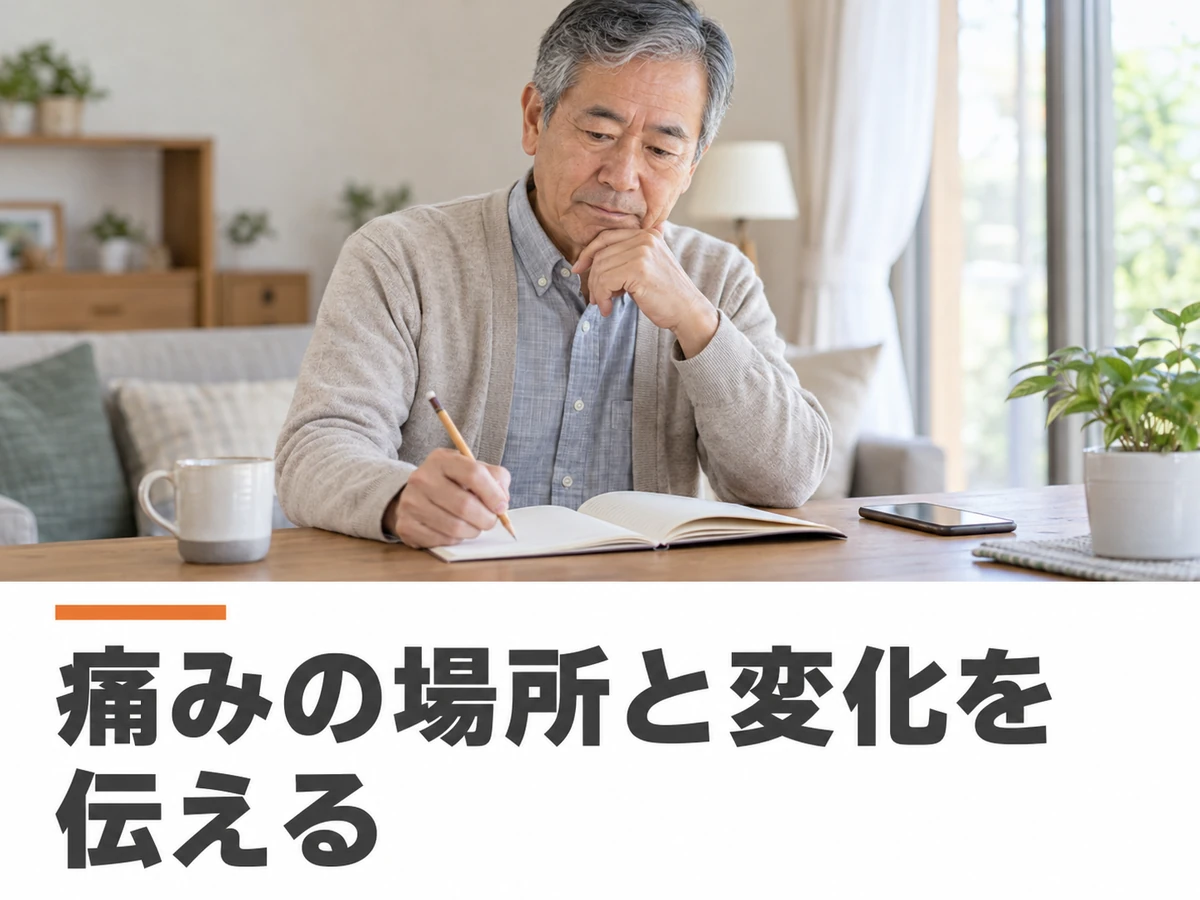 男性がノートに記録する場面と、痛みの場所と変化を伝えるという文字