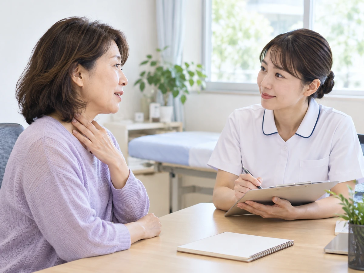 のどの違和感について看護師へ話す女性の写真