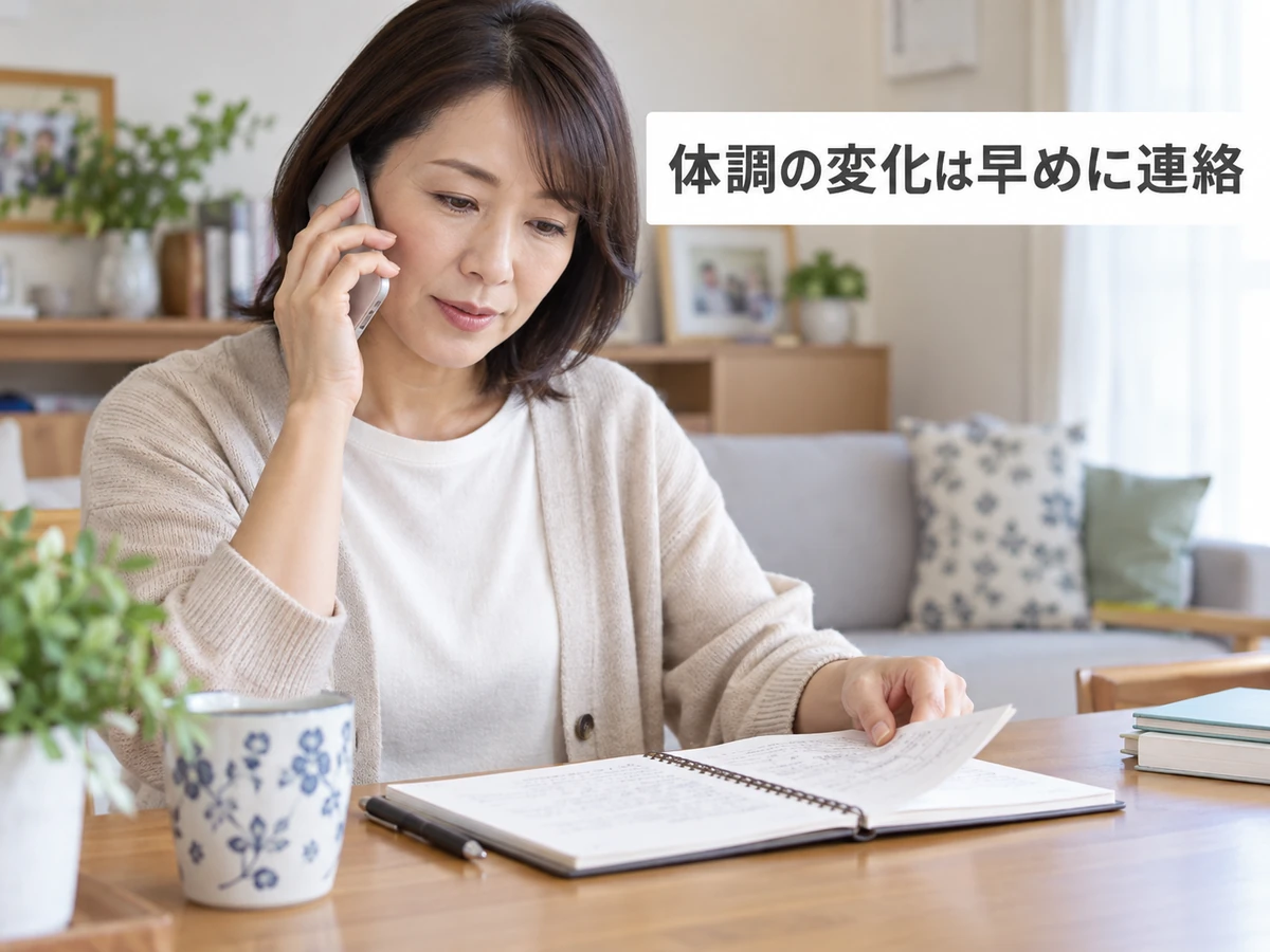 体調の変化は早めに連絡という文字と、自宅でメモを見ながら電話する女性のイメージ