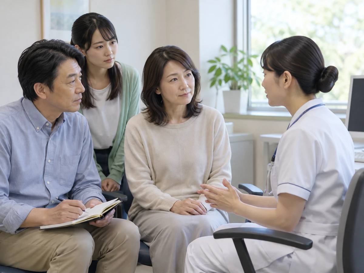 女性と家族が、ノートを取りながら看護師に相談する様子