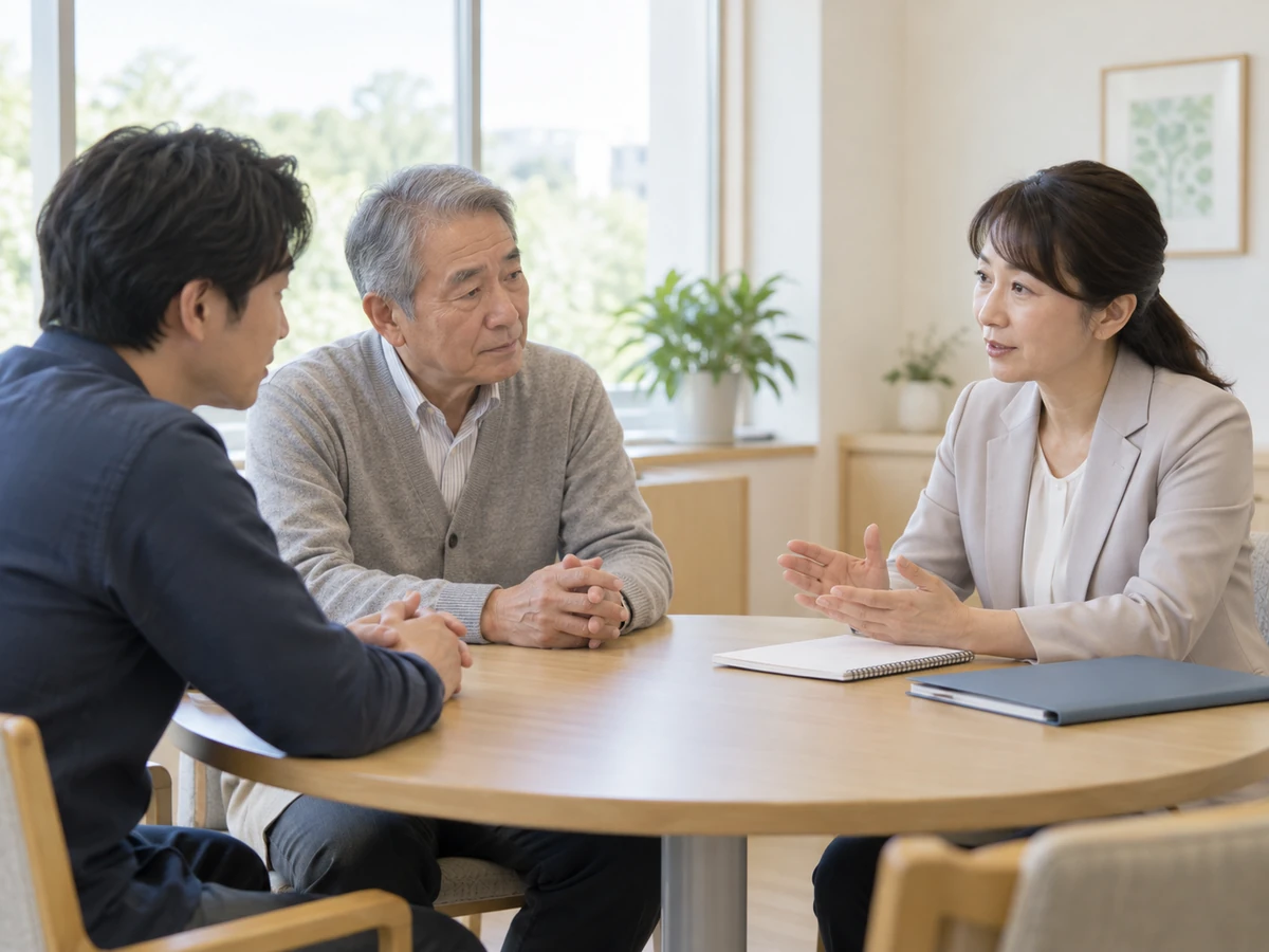 年配の男性と息子が相談員を交えて今後のことを話し合っている様子