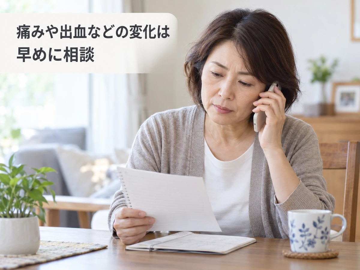 痛みや出血などの変化は早めに相談という言葉を添えた、電話をかける女性の写真