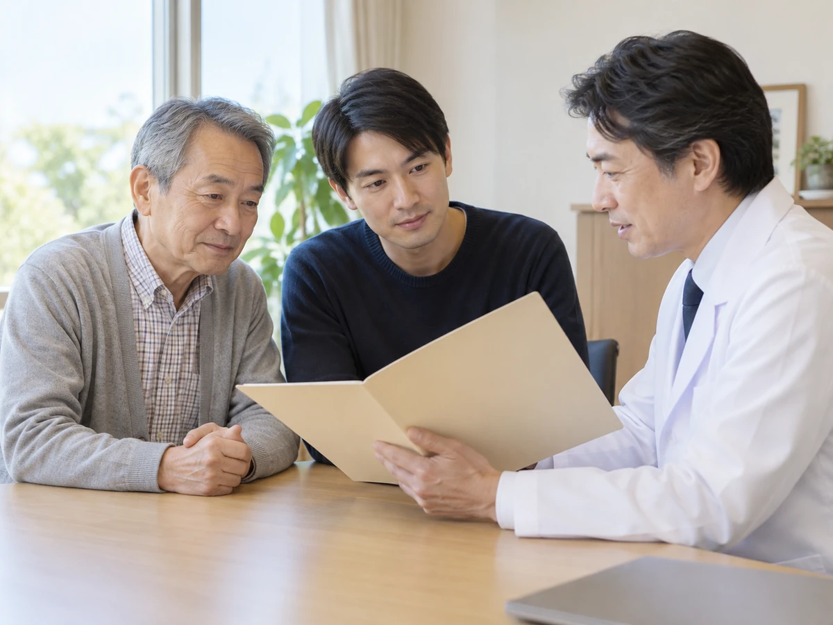 男性と家族が診察室で医師の説明を聞くイメージ