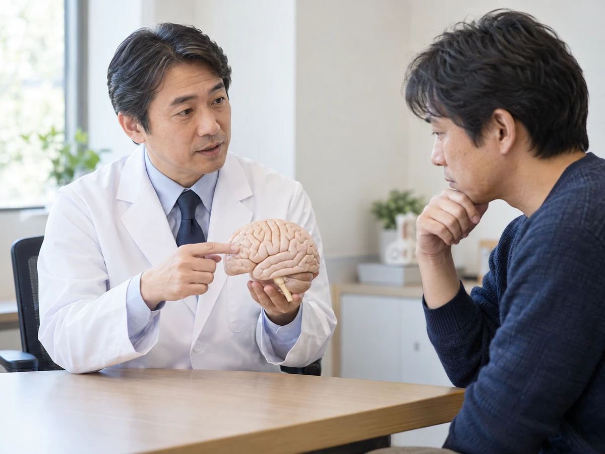 男性が、正常な脳の模型を持つ医師の説明を聞く様子