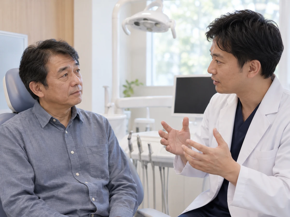 歯科の診察室で医師に相談する男性