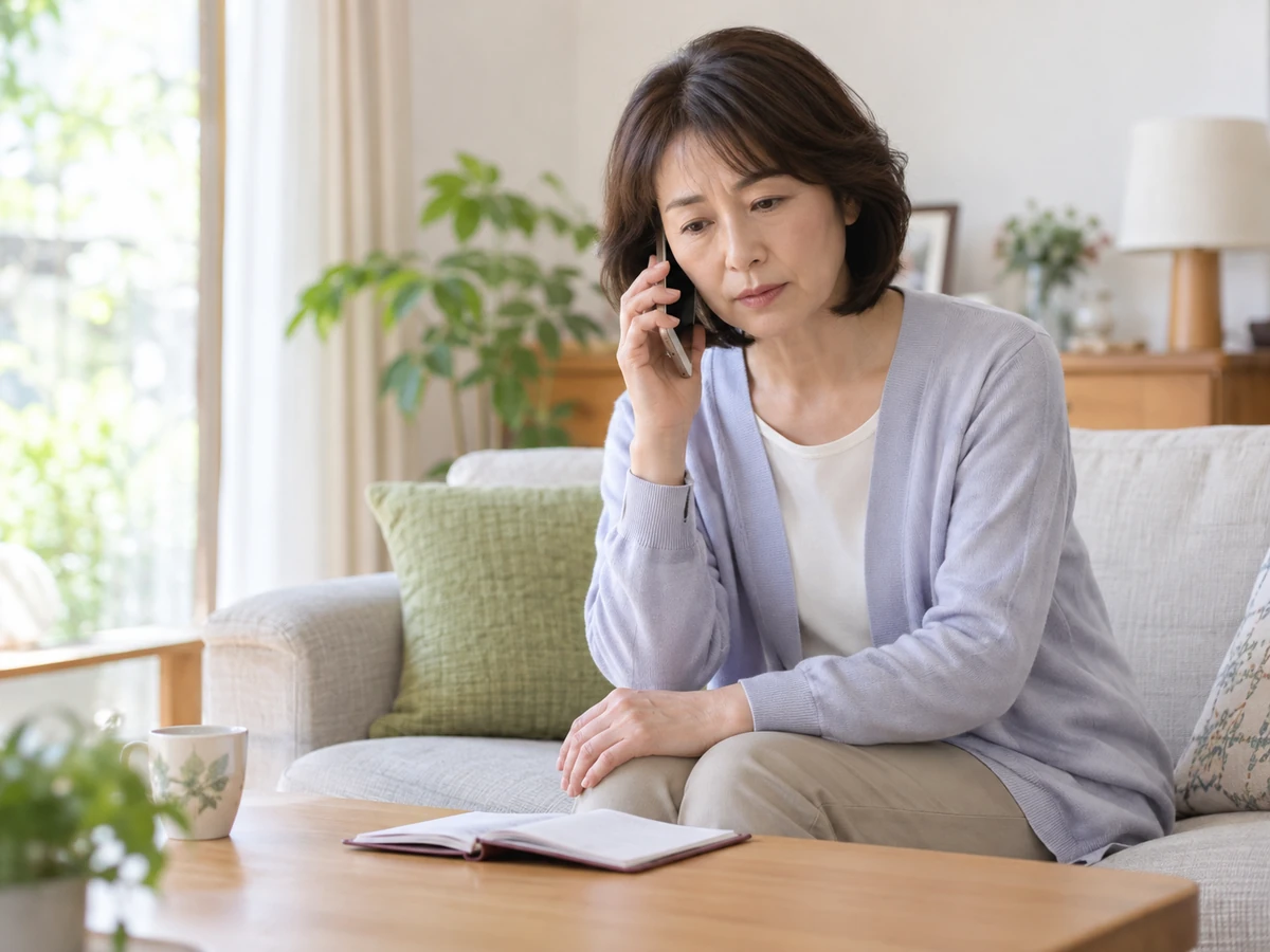 自宅のソファでノートを開きながら電話で相談している女性の様子