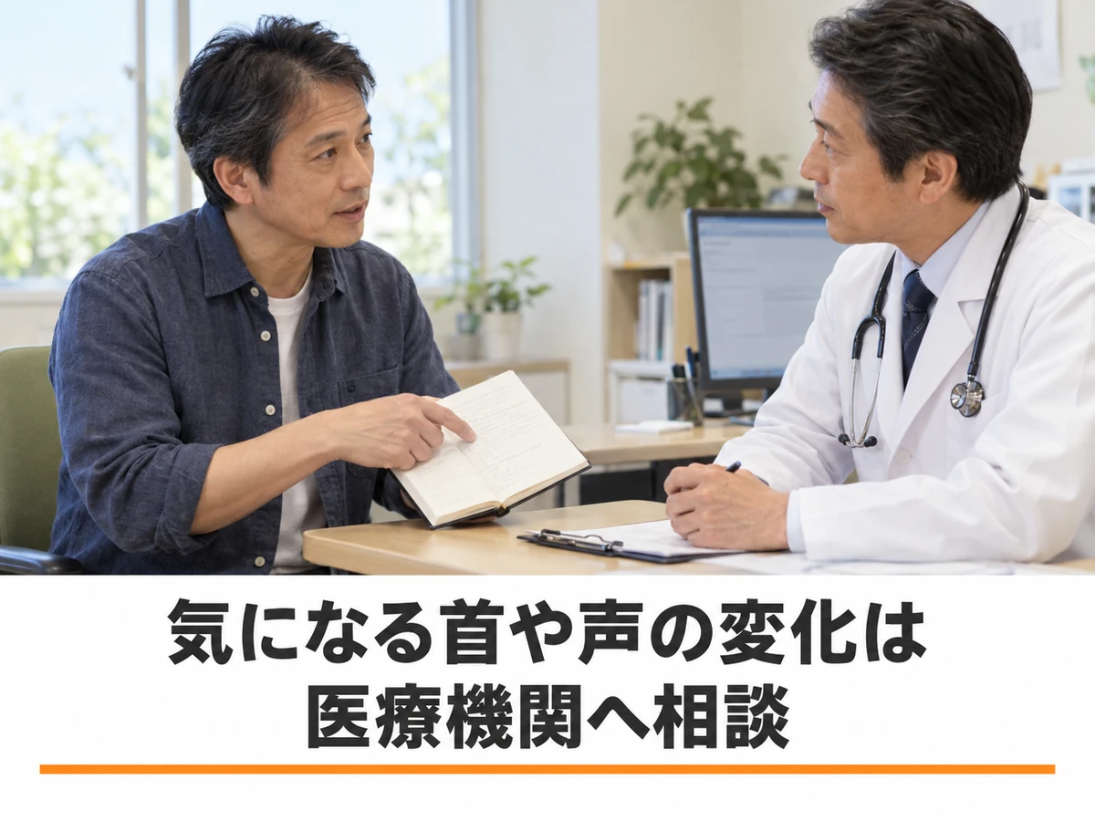 首や声の気になる変化を医療機関で相談する男性