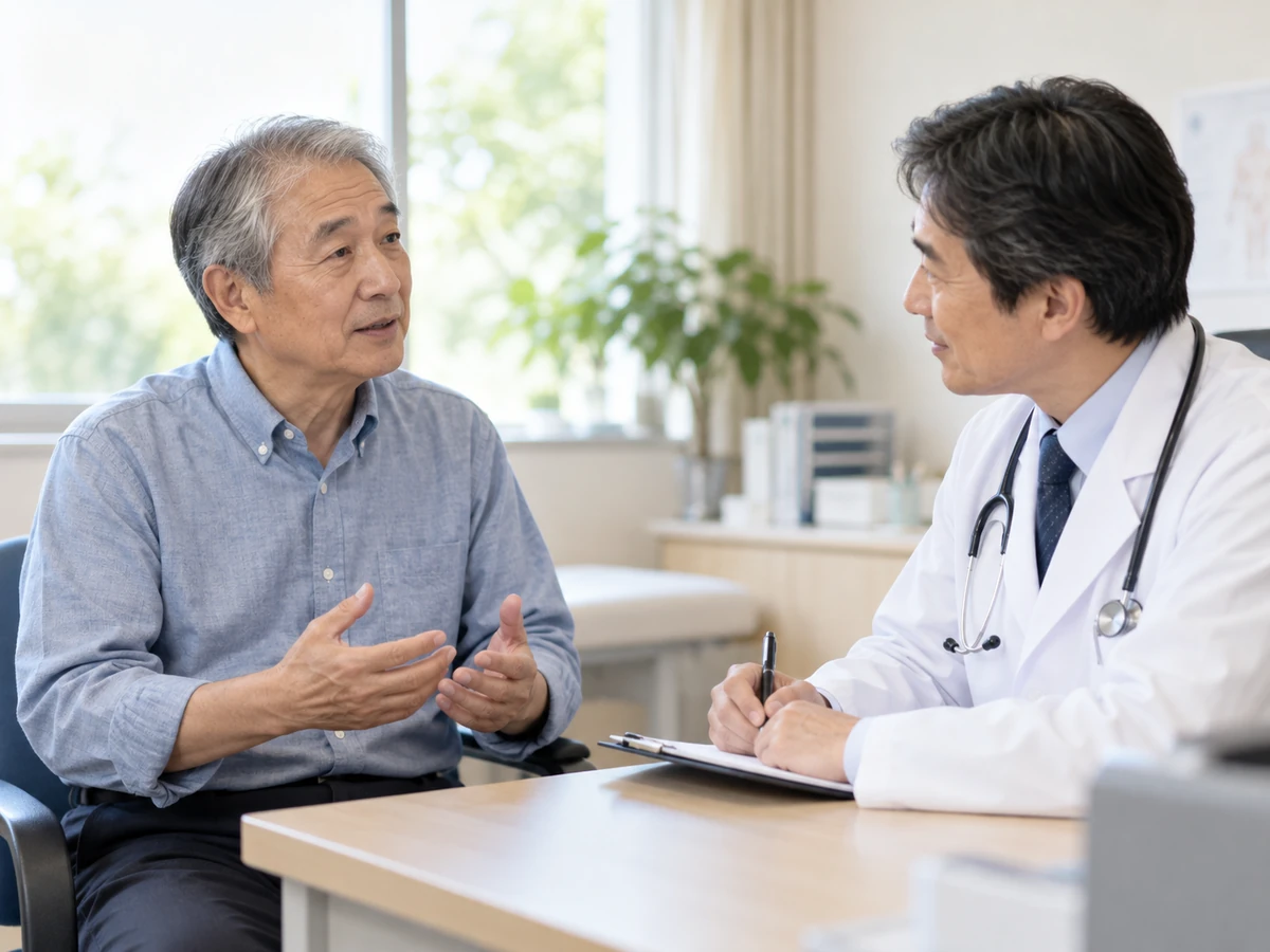 これまでの病歴や気がかりを医師へ話す高齢男性