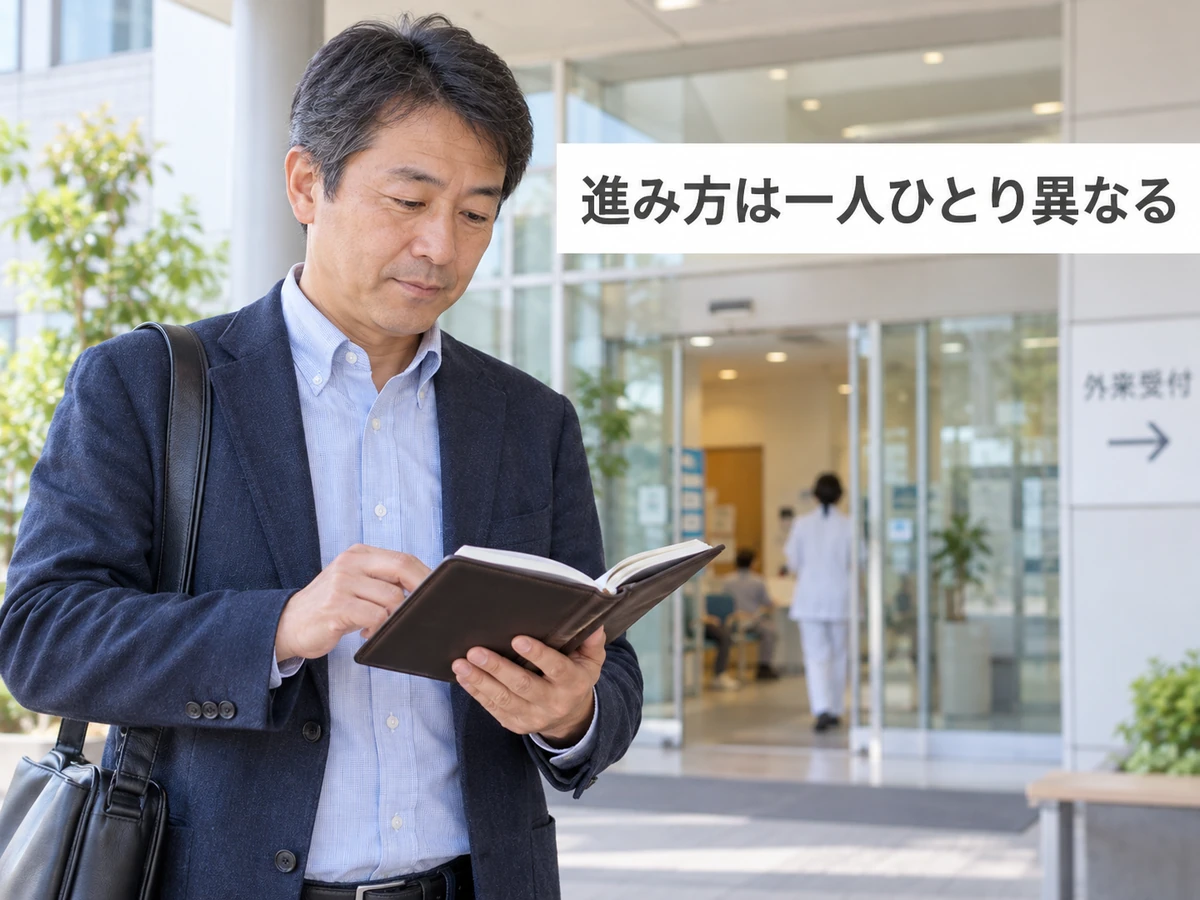 進み方は一人ひとり異なるという言葉とともに受診時の手帳を確認する男性の写真