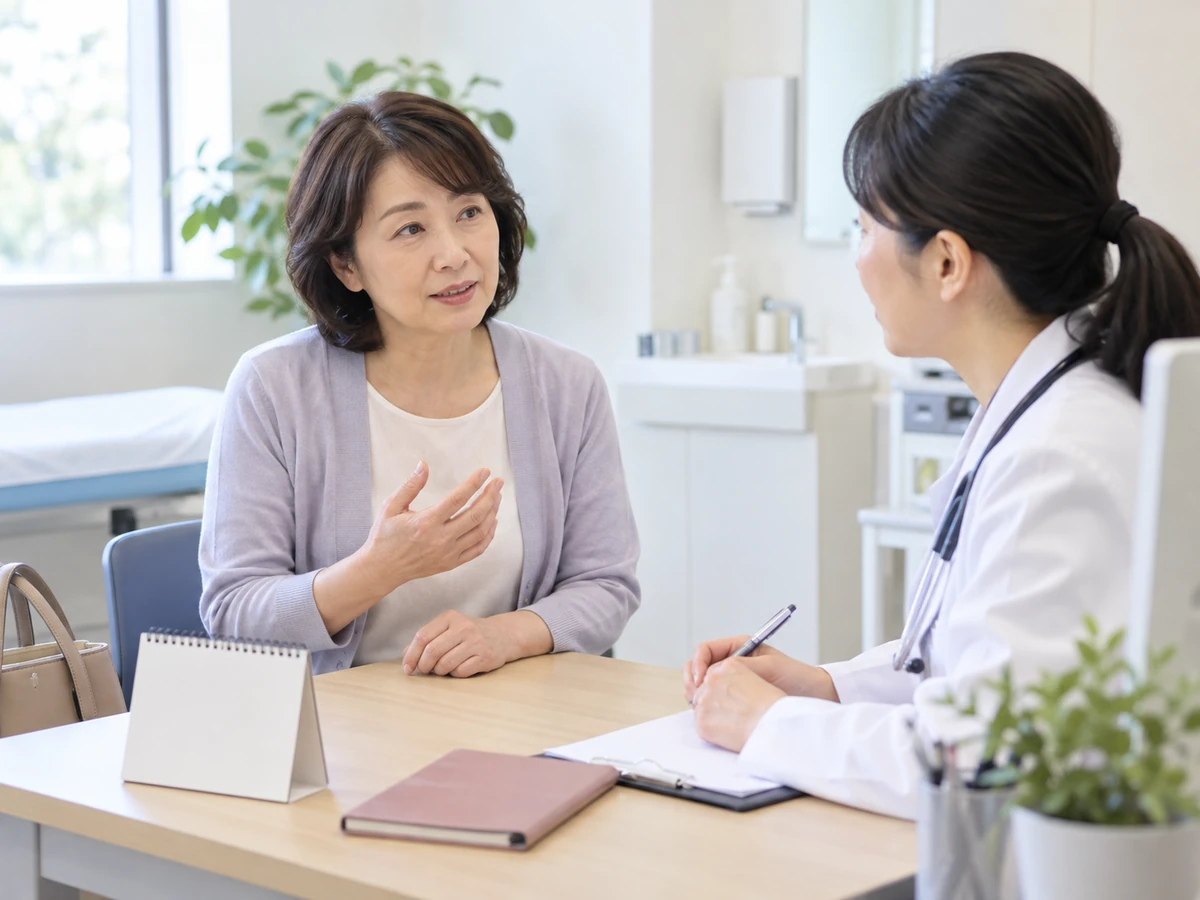 定期的な診察で女性患者が医師に体調の変化を伝え、ノートとカレンダーを使って経過を確認している写真。