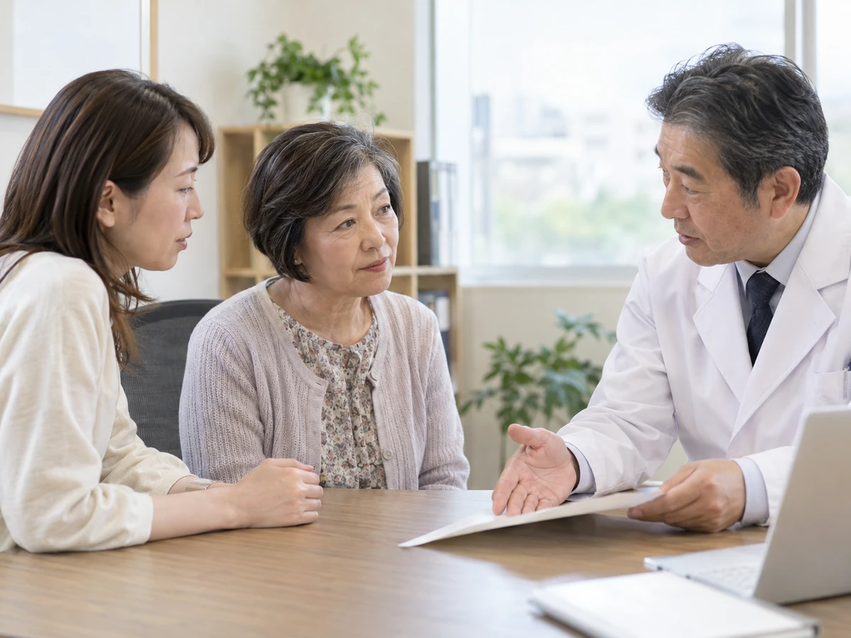 娘とともに医師から説明を聞く高齢女性