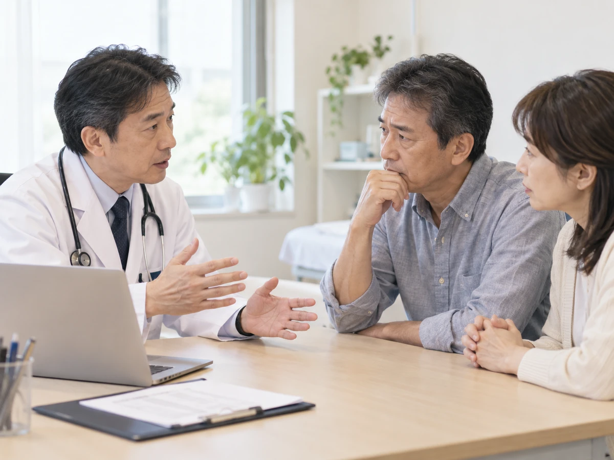 医師の説明を家族と一緒に聞く男性のイメージ