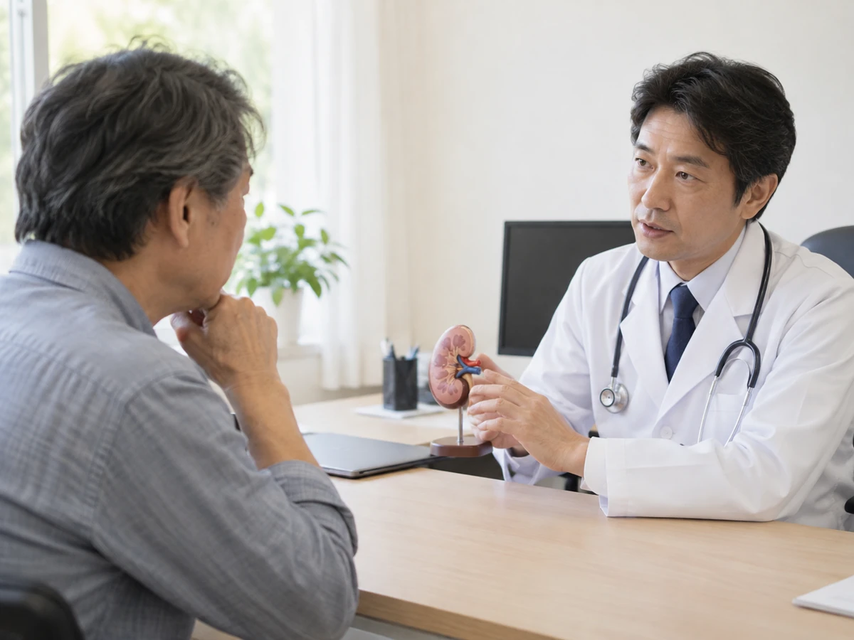 腎臓の模型を使い、男性に説明する医師