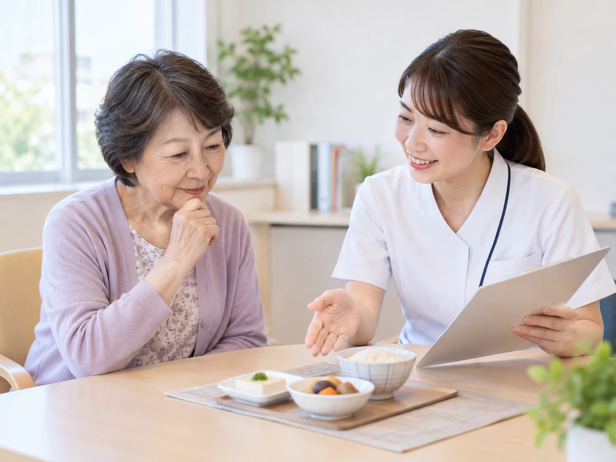 小分けの食事と資料を見ながら、医療スタッフに食事の相談をする高齢女性