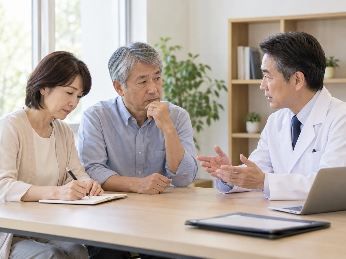 治療の組み合わせや方針について夫婦で医師に相談する場面
