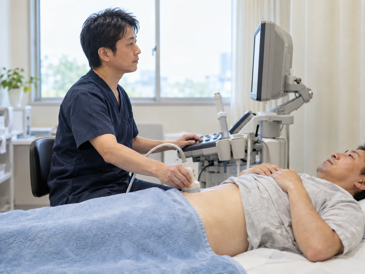 診察台で横になる男性の下腹部に医療者が超音波プローブを当てている検査のイメージ