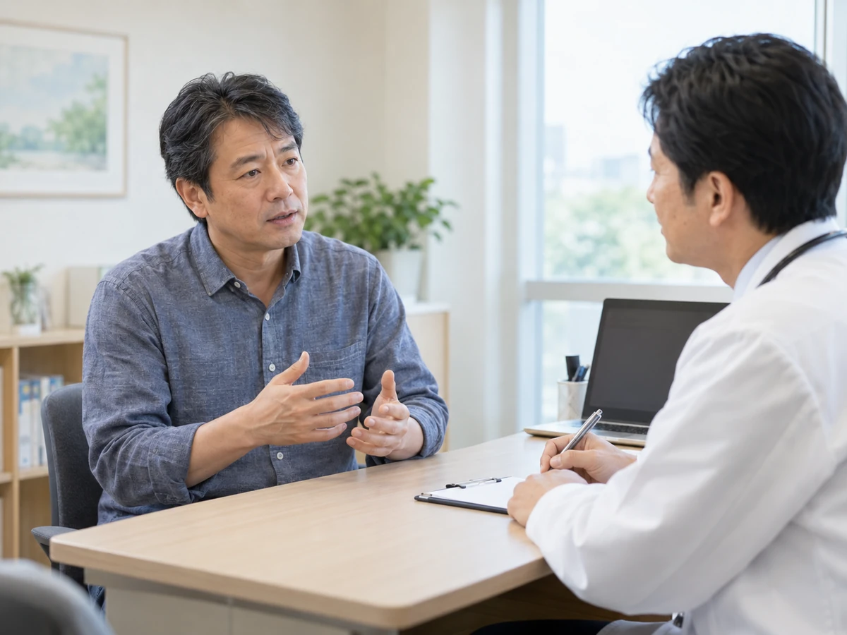 病気に関する疑問や生活歴を医師に伝える男性のイメージ