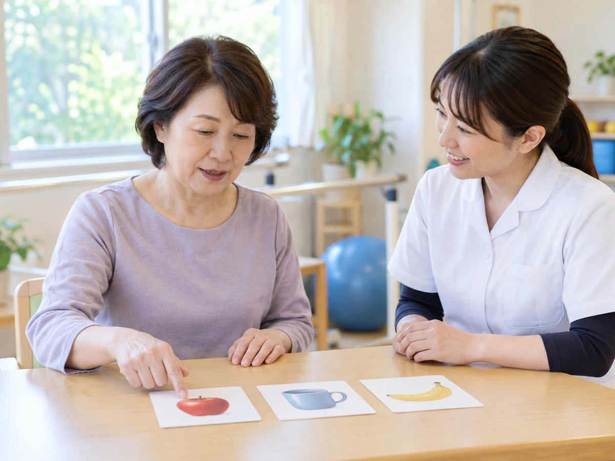 医療スタッフと向かい合う女性が、絵カードを指さして言葉の練習をする様子