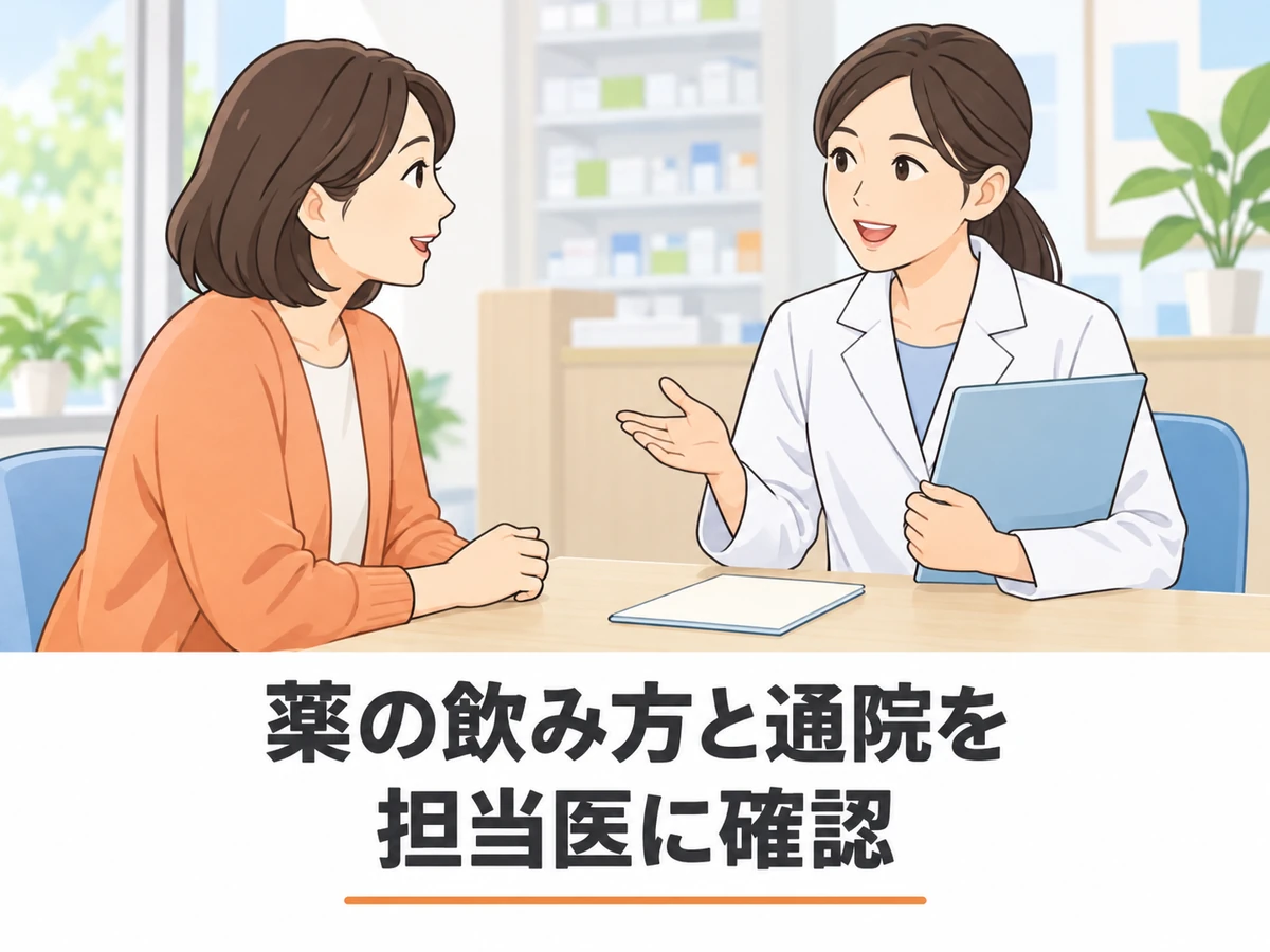 薬の飲み方と通院について医療者に相談する女性のイラスト