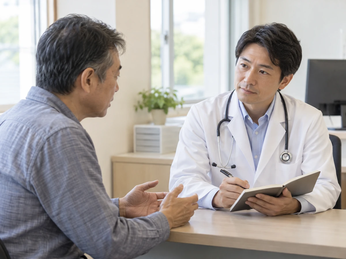 診察室で医師に気になることを伝える男性のイメージ