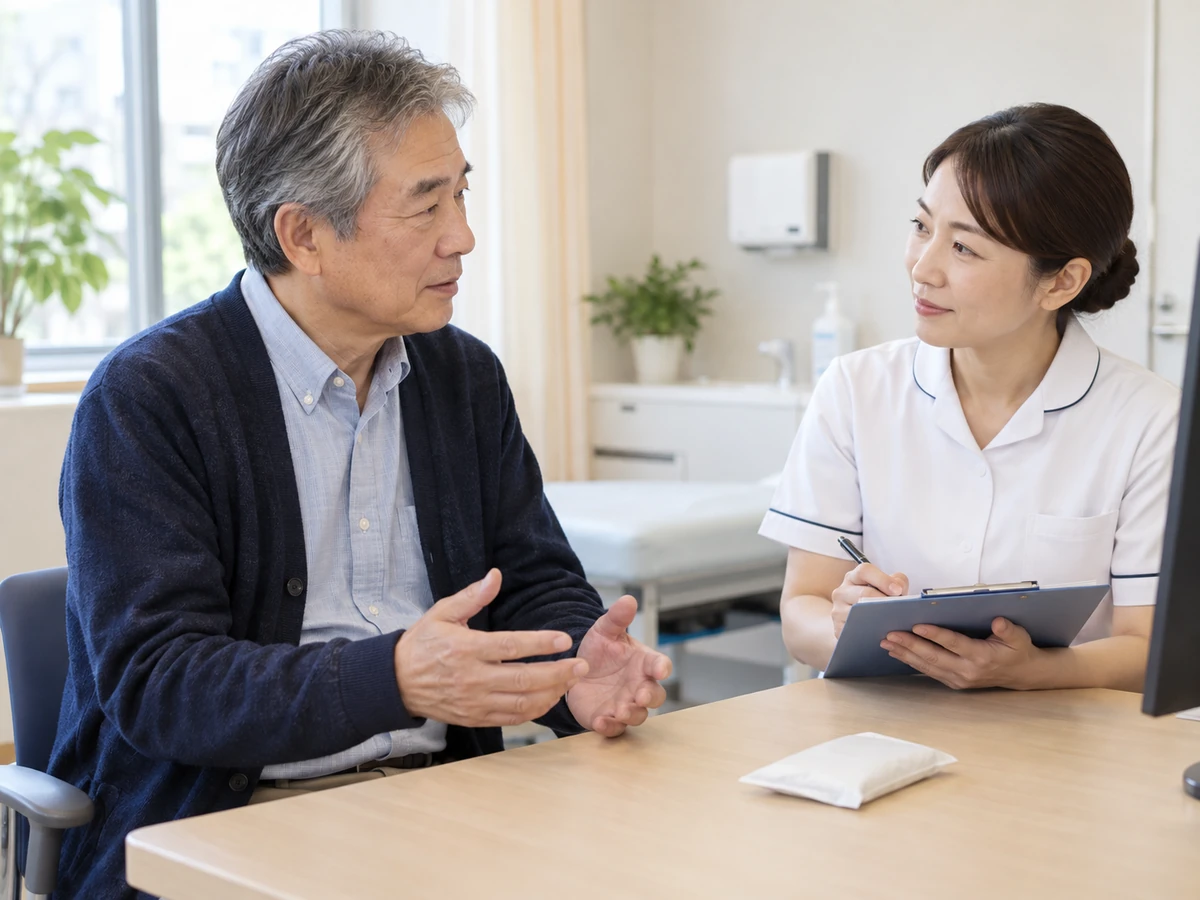 尿漏れへの対応について看護師に相談する年配の男性