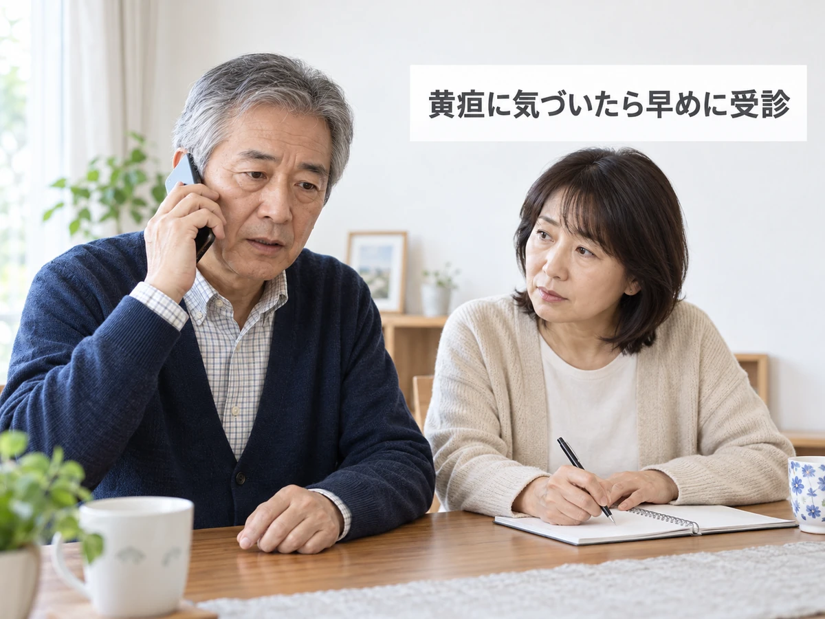 黄疸に気づいたら早めに受診する案内と、自宅から電話で相談する男性