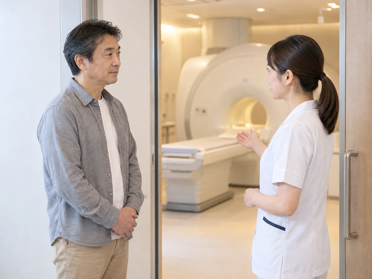 MRI検査室の入口で、男性が医療スタッフの案内を受ける様子