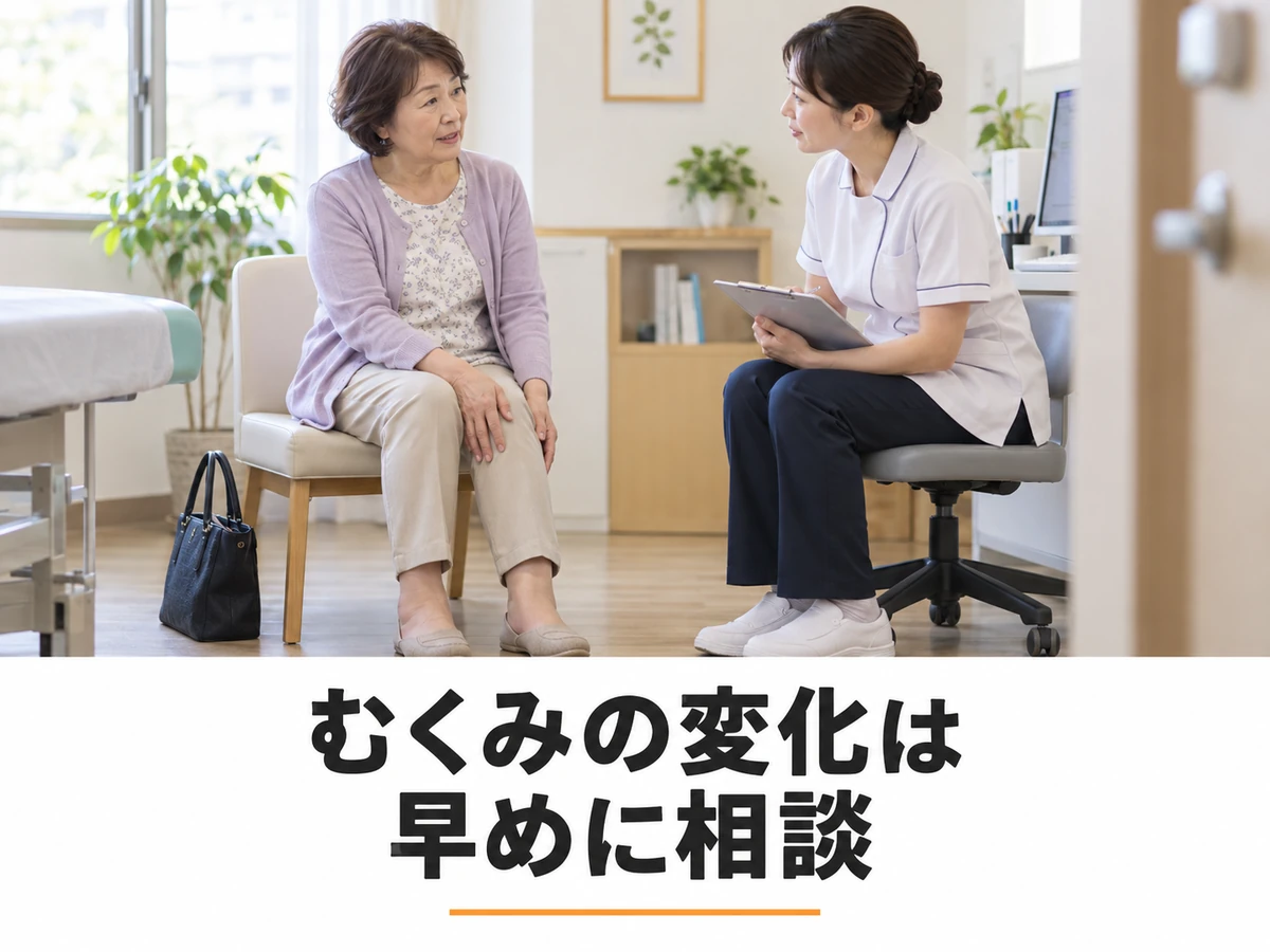 看護師へ相談する女性と「むくみの変化は 早めに相談」の文字