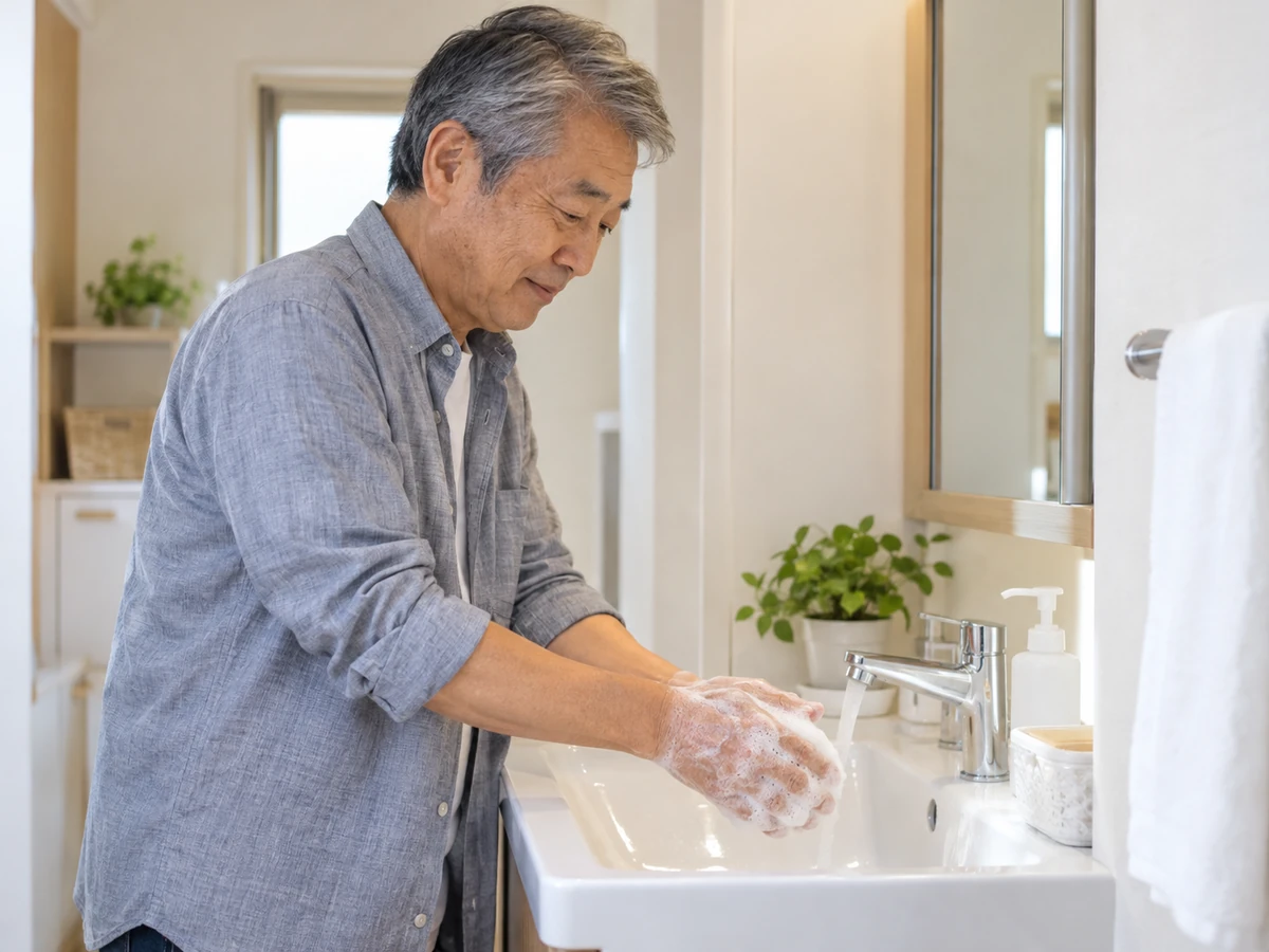 自宅の洗面台で石けんを使って手を洗う男性の写真
