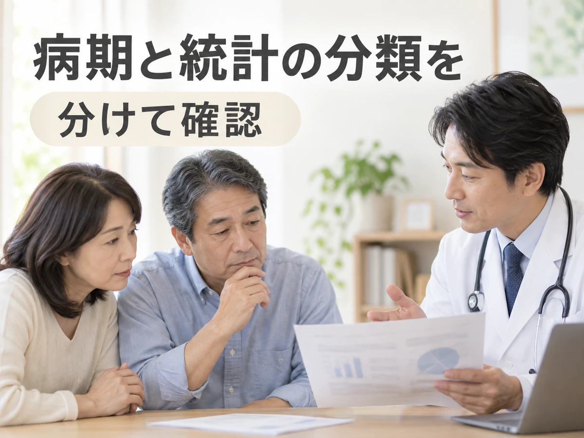 夫婦が医師の説明資料を見て、病期と統計の分類を分けて確認するよう案内する写真。