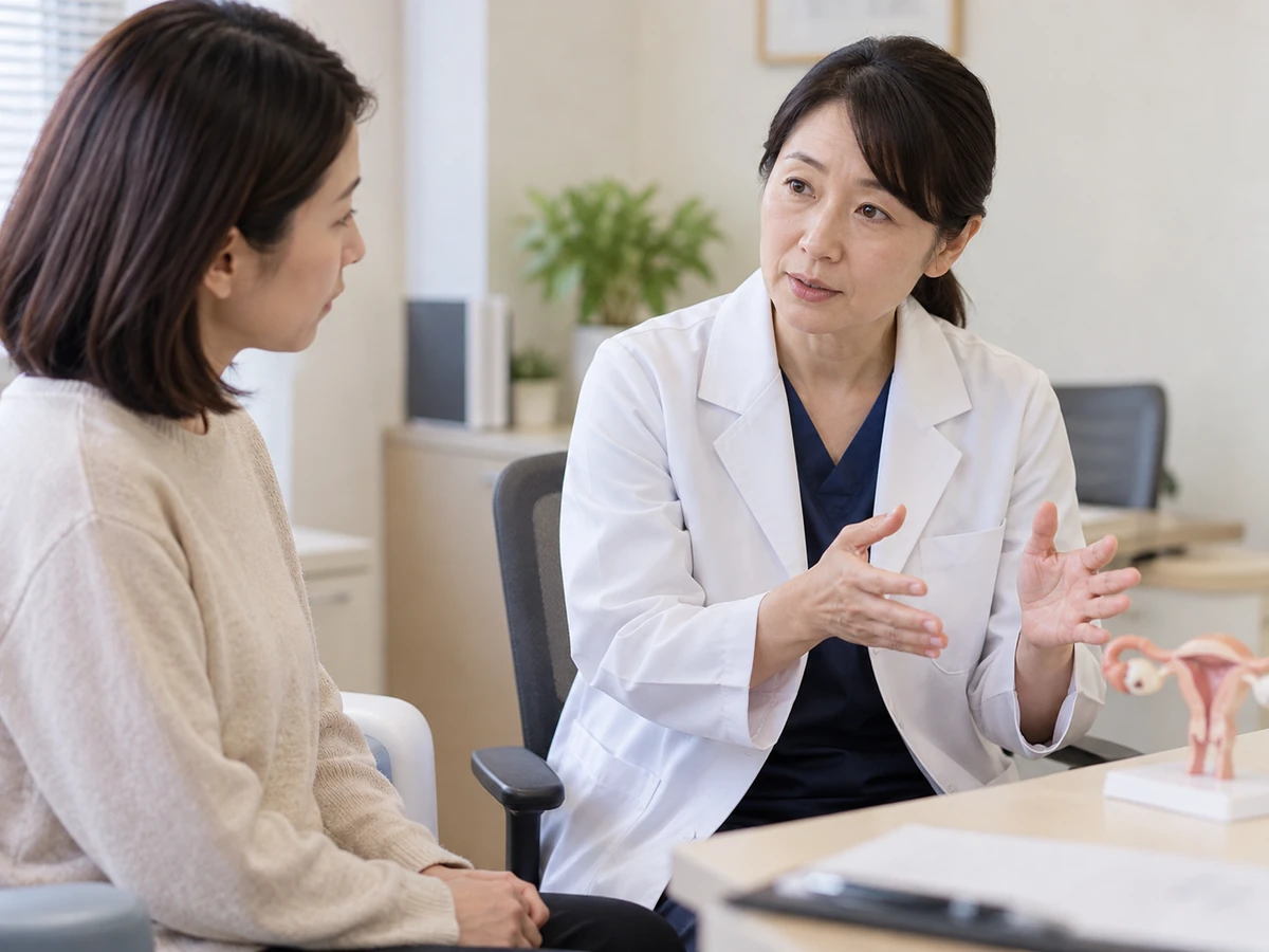 女性患者が診察室で医師の説明を聞いている写真。机の上には説明用の小さな子宮・卵巣の模型が置かれている。