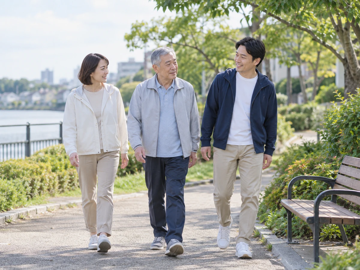 川沿いの公園を家族と穏やかに歩く高齢の男性