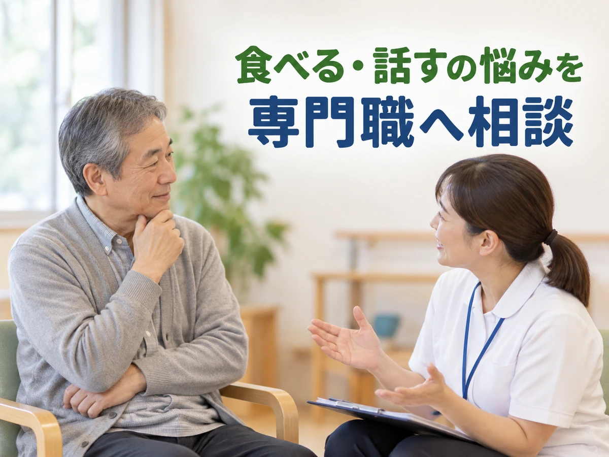 食べることや話すことの悩みを専門職へ相談する男性