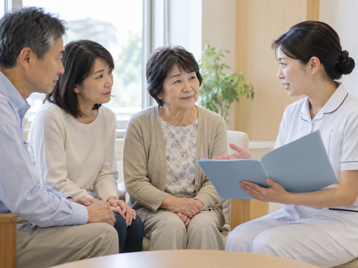 看護師が年配の女性と家族に資料を見せながら退院後の生活について説明している様子