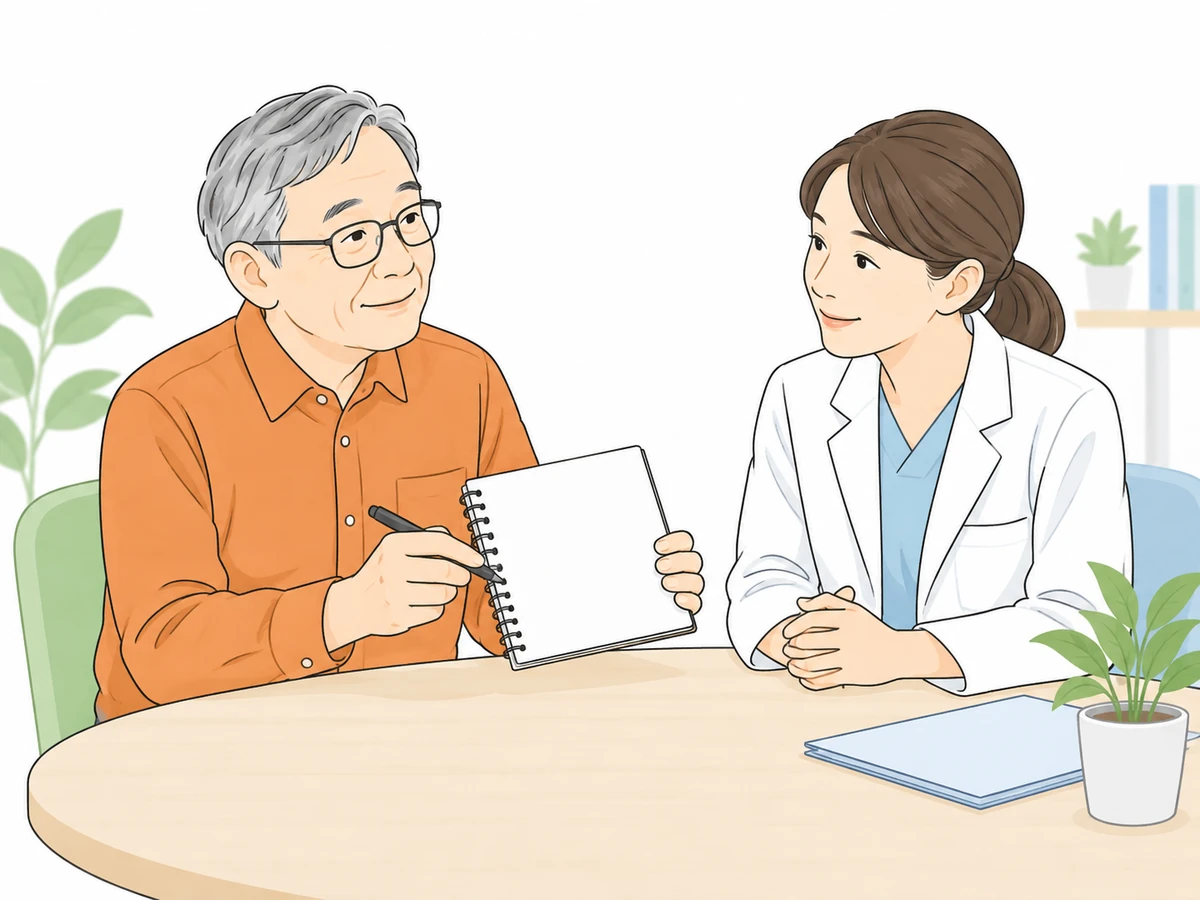 筆談用のノートとペンを持ち、医療者と向き合う男性のイラスト