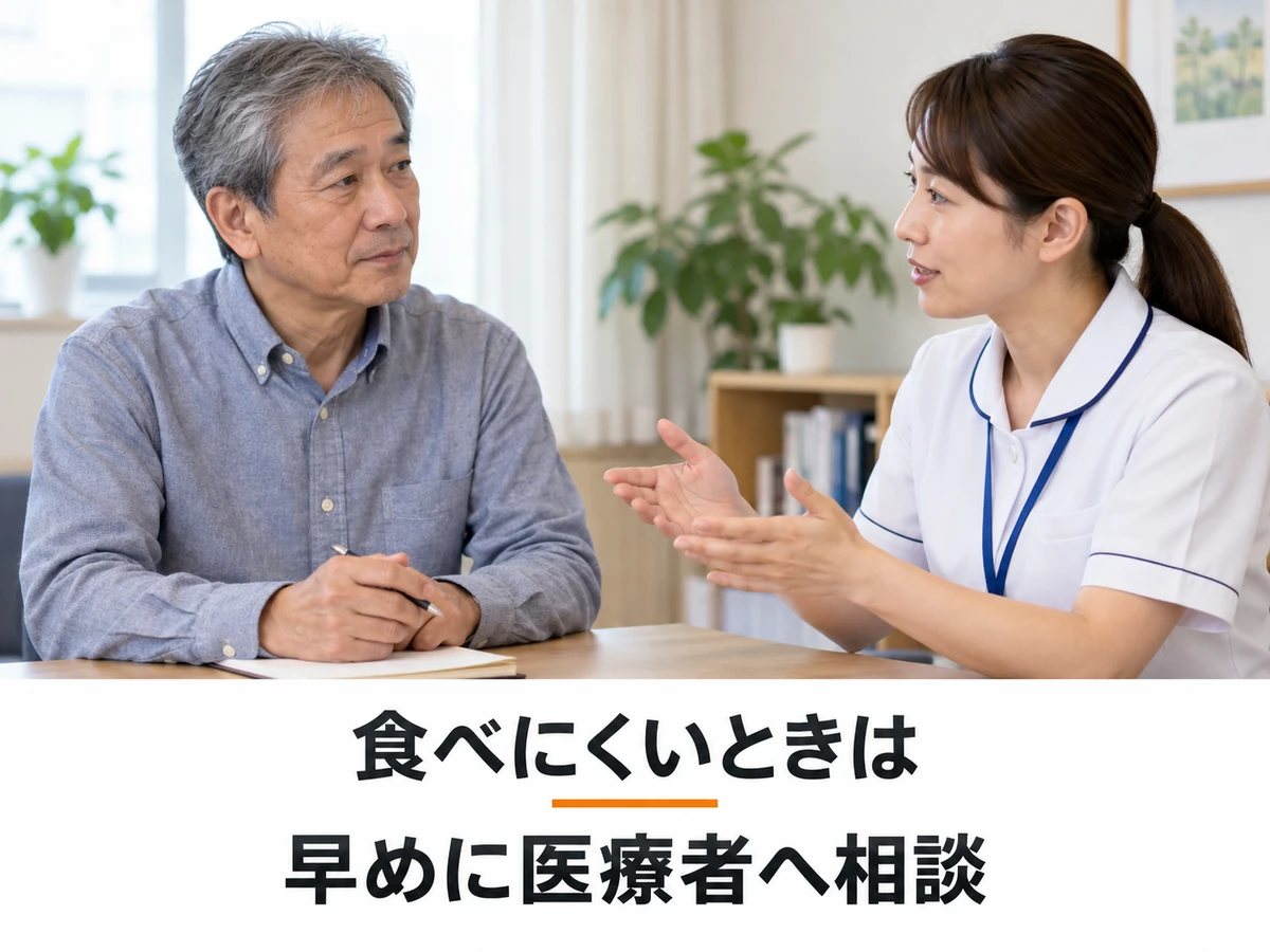 食べにくさを早めに医療者へ相談する男性のイメージ