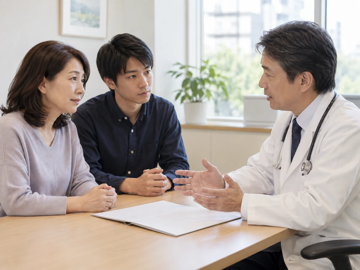 女性と若い男性が、診察室で医師の説明を聞く様子