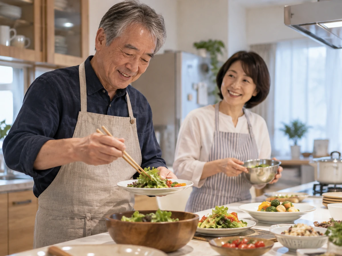 自宅の台所で夫婦が一緒に食事を準備する様子