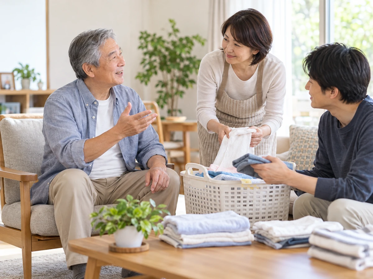 自宅で家族が洗濯物を手伝い、会話する高齢男性