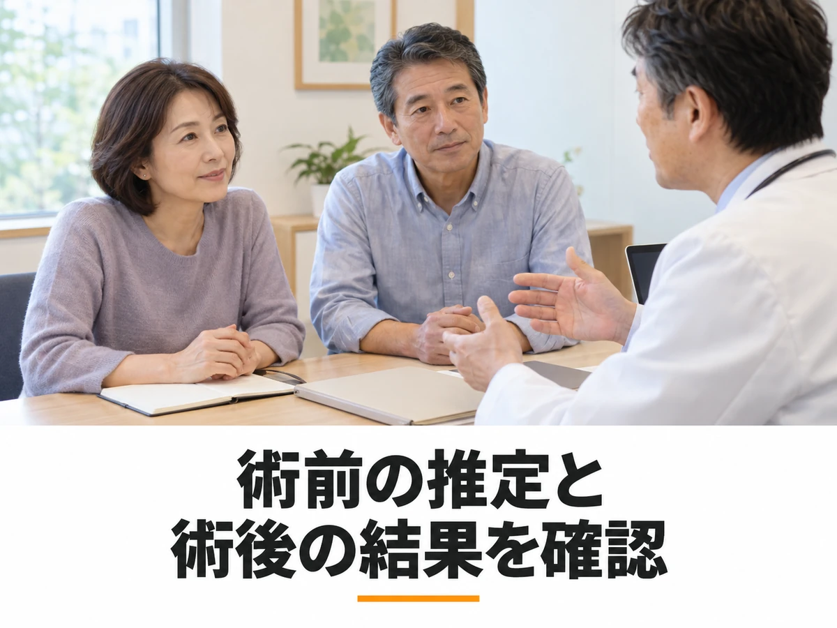 夫とともに医師の説明を聞く女性と「術前の推定と 術後の結果を確認」の文字