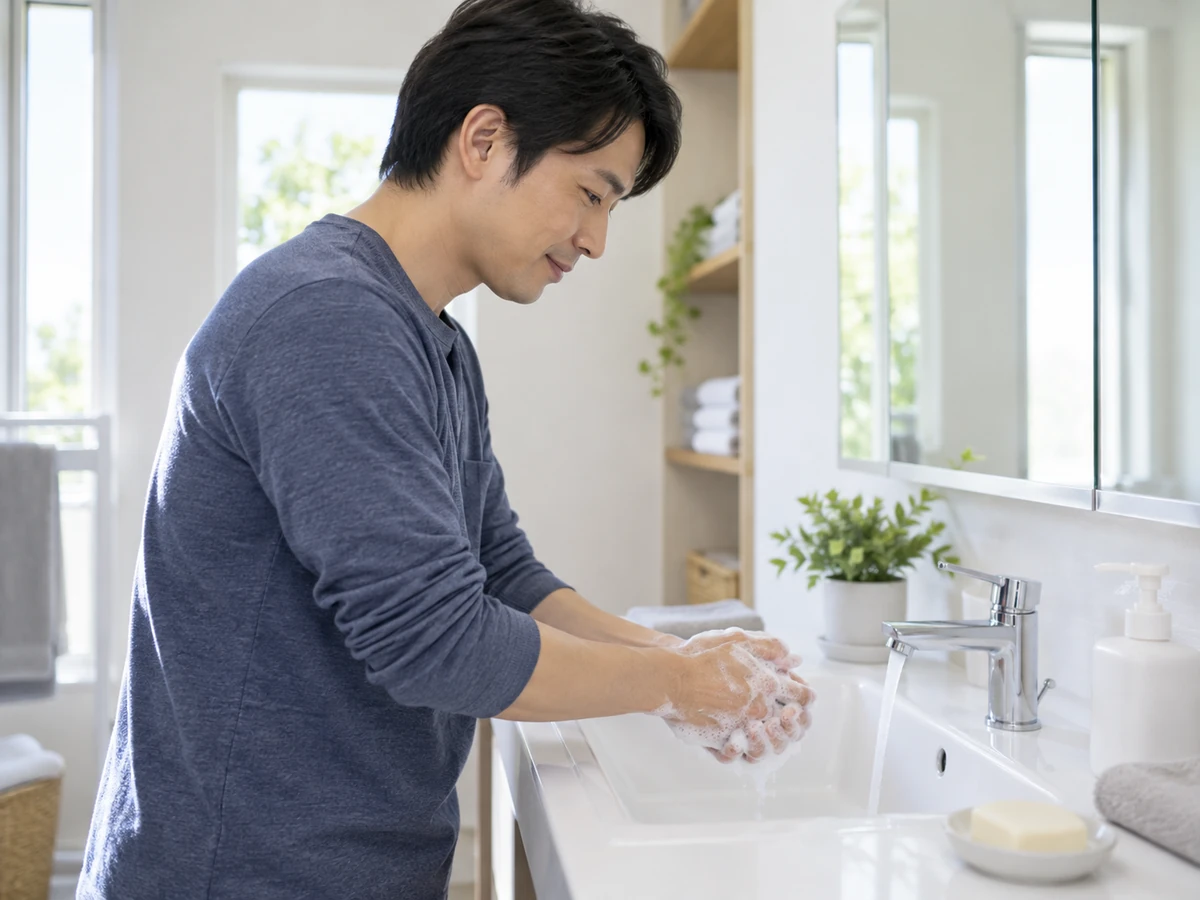 自宅の洗面台でせっけんを使って手を洗う男性のイメージ
