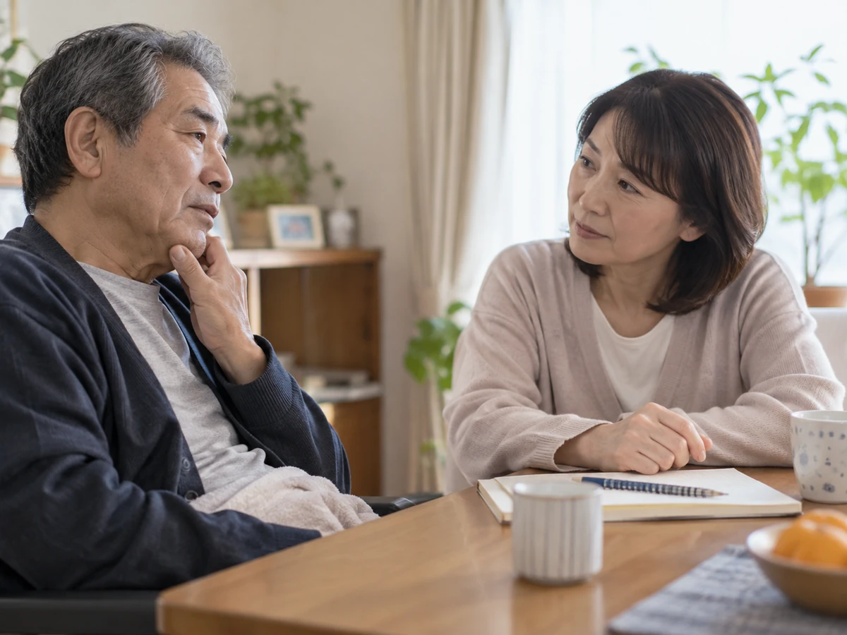 自宅で男性の話に耳を傾ける家族