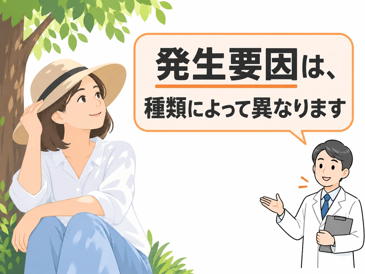 木陰で帽子をかぶる女性と医師のイラスト。皮膚がんの発生要因は種類によって異なると伝えている。