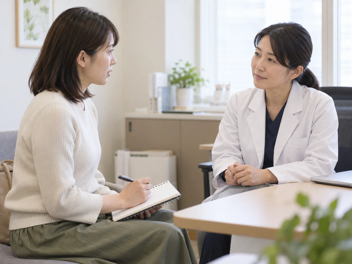 ノートを取りながら女性医師に相談する若い女性の写真
