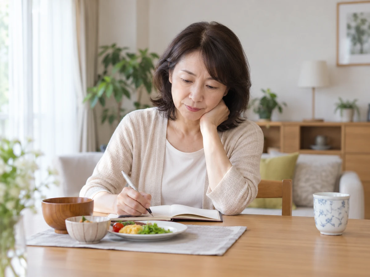 女性が食卓でノートに体調を記録している写真。普段の食事のそばで、気になる変化を振り返っている。